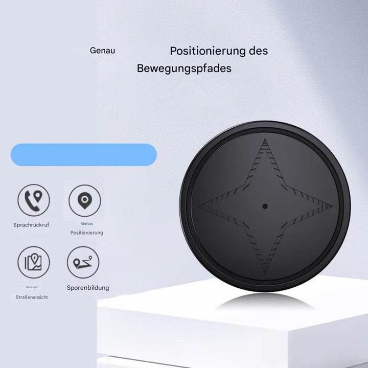 Kompakter, magnetischer GPS-Tracker, schwarz, Ø 4 cm, für Echtzeit-Ortung von Fahrzeugen und Wertsachen.