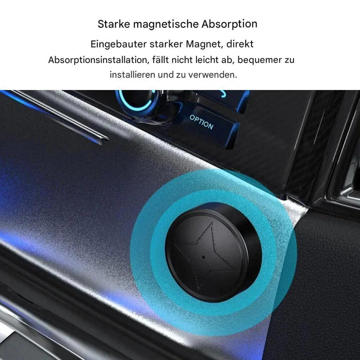 Kompakter, magnetischer GPS-Tracker, schwarz, Ø 4 cm, für Echtzeit-Ortung von Fahrzeugen und Wertsachen.