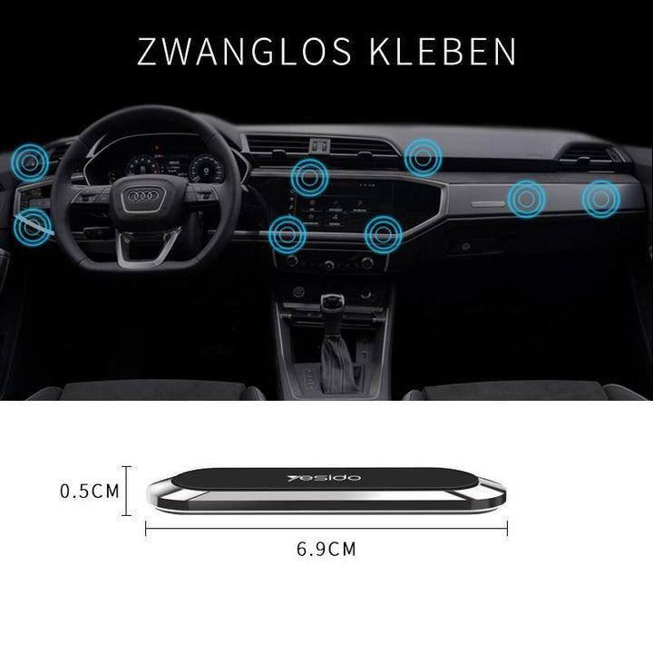Compacte magnetische telefoonhouder op dashboard, montagevrij, sterke magneetkracht voor veilige smartphonebevestiging.