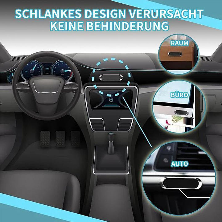 Compacte magnetische telefoonhouder op dashboard, montagevrij, sterke magneetkracht voor veilige smartphonebevestiging.