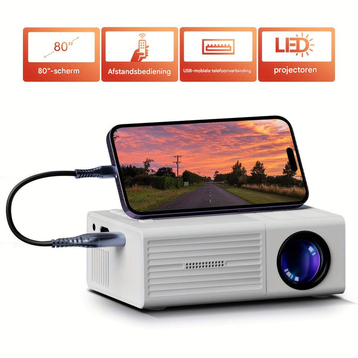 Compacte miniprojector met 3000 lumen helderheid, ideaal voor een thuisbioscoop en presentaties, in een slank design.
