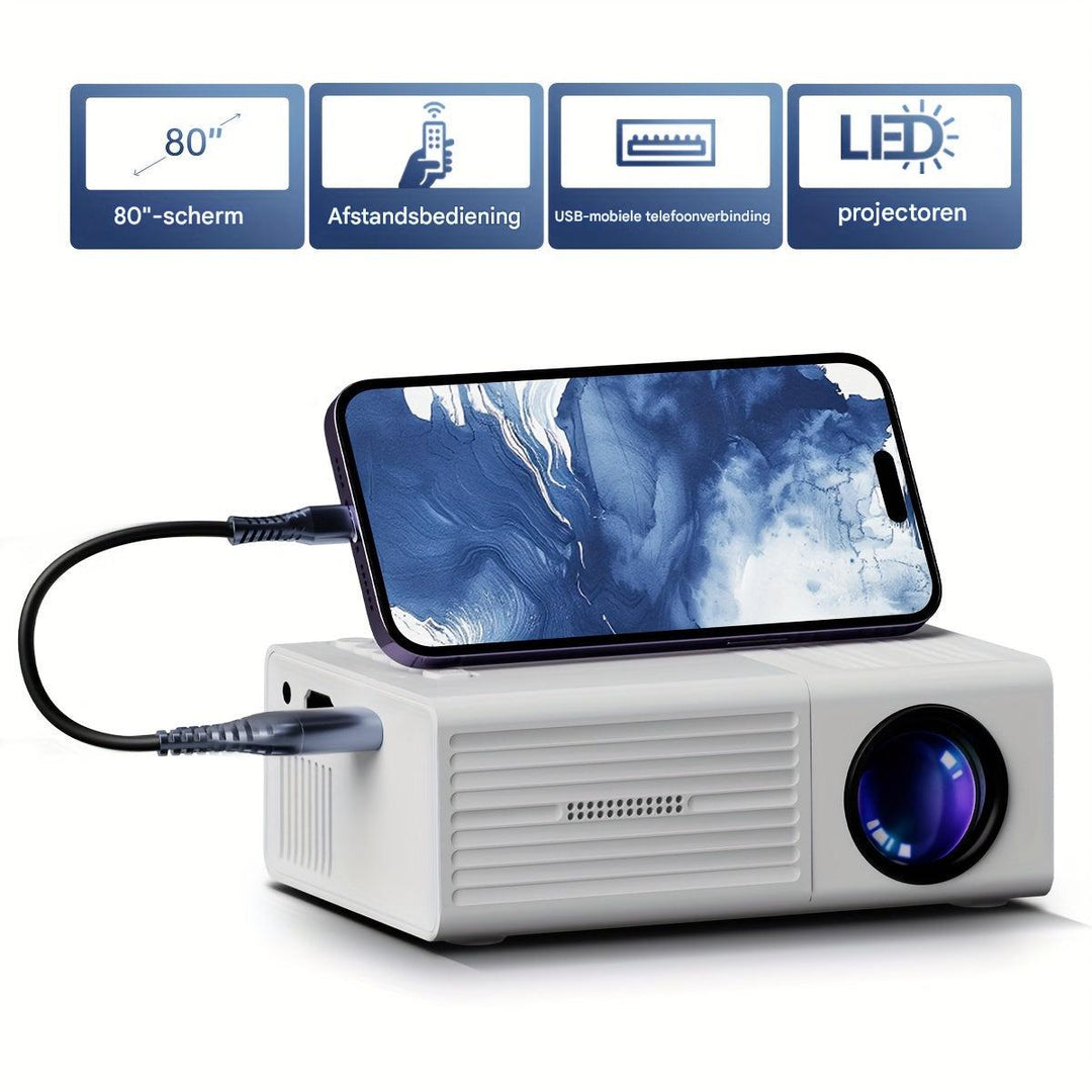 Compacte miniprojector met 3000 lumen helderheid, ideaal voor een thuisbioscoop en presentaties, in een slank design.