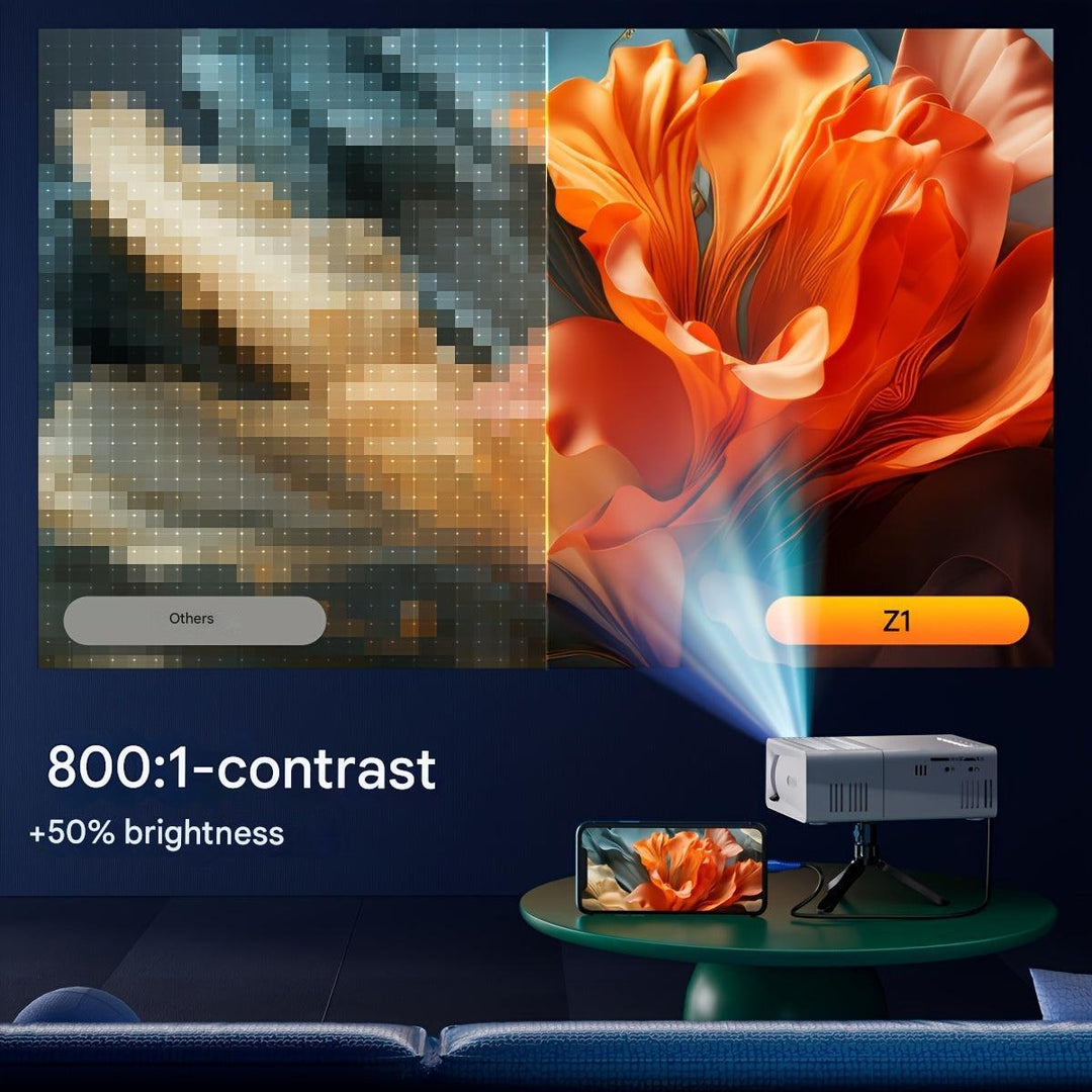 Compacte miniprojector met 3000 lumen helderheid, ideaal voor een thuisbioscoop en presentaties, in een slank design.