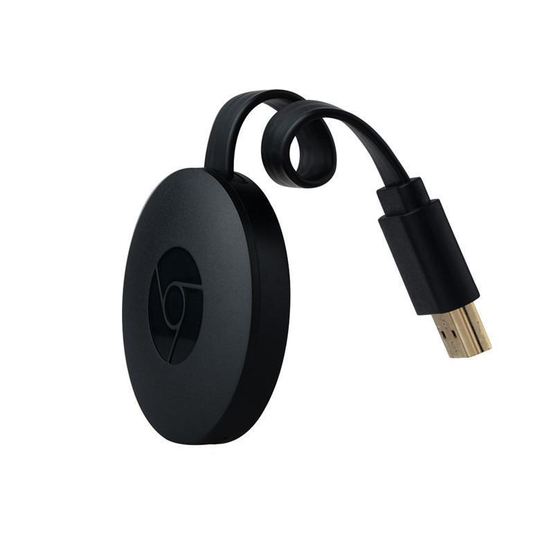 Compacte ronde Chromecast voor draadloos streamen, HDMI-aansluiting, compatibel met iPhone, Android, Mac en Windows.