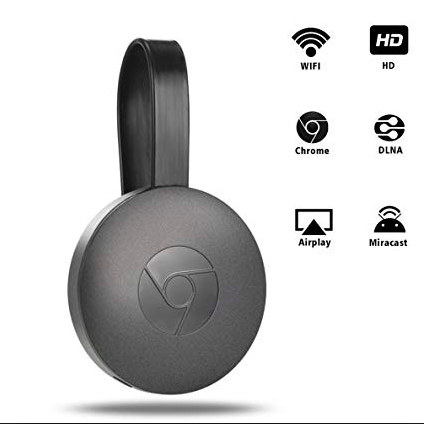 Compacte ronde Chromecast voor draadloos streamen, HDMI-aansluiting, compatibel met iPhone, Android, Mac en Windows.