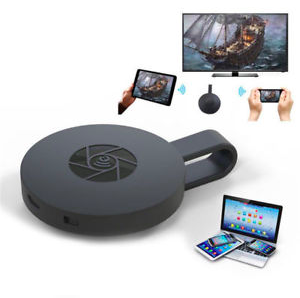 Compacte ronde Chromecast voor draadloos streamen, HDMI-aansluiting, compatibel met iPhone, Android, Mac en Windows.