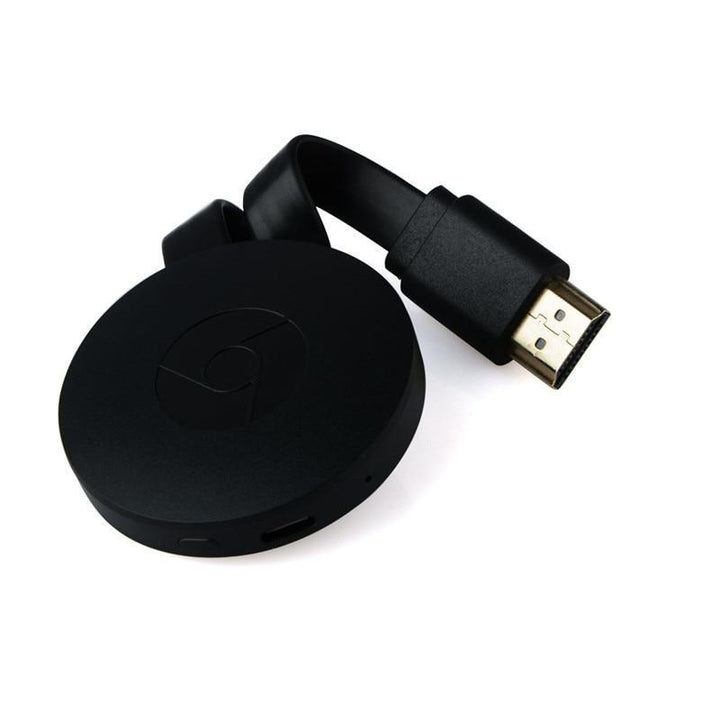 Compacte ronde Chromecast voor draadloos streamen, HDMI-aansluiting, compatibel met iPhone, Android, Mac en Windows.