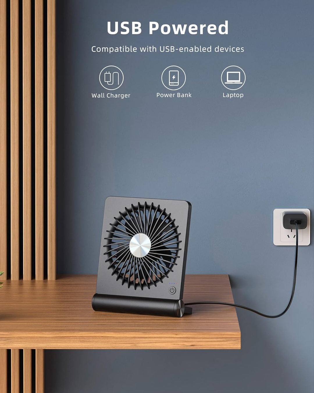 Compacte tafelventilator; stille koeling voor thuis, modern design, USB-voeding, ideaal voor op het bureau.