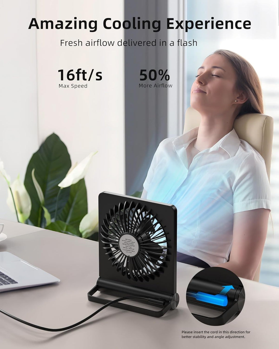 Compacte tafelventilator; stille koeling voor thuis, modern design, USB-voeding, ideaal voor op het bureau.