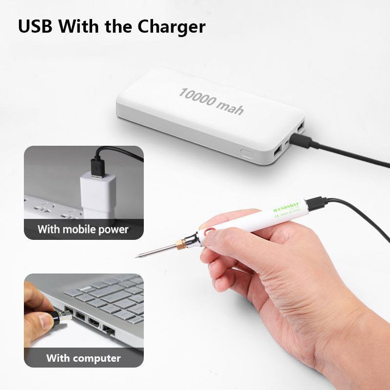 Compacte draagbare soldeerbout met USB-oplaadfunctie, lichte grip en variabele temperatuurinstellingen voor nauwkeurig solderen.