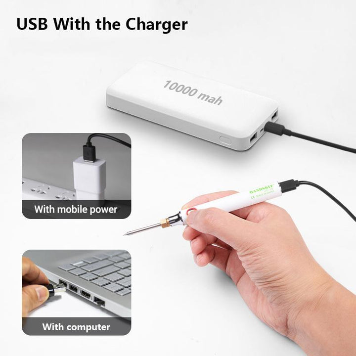 Compacte draagbare soldeerbout met USB-oplaadfunctie, lichte grip en variabele temperatuurinstellingen voor nauwkeurig solderen.