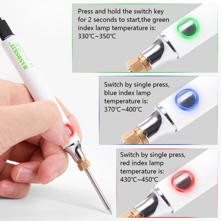 Compacte draagbare soldeerbout met USB-oplaadfunctie, lichte grip en variabele temperatuurinstellingen voor nauwkeurig solderen.
