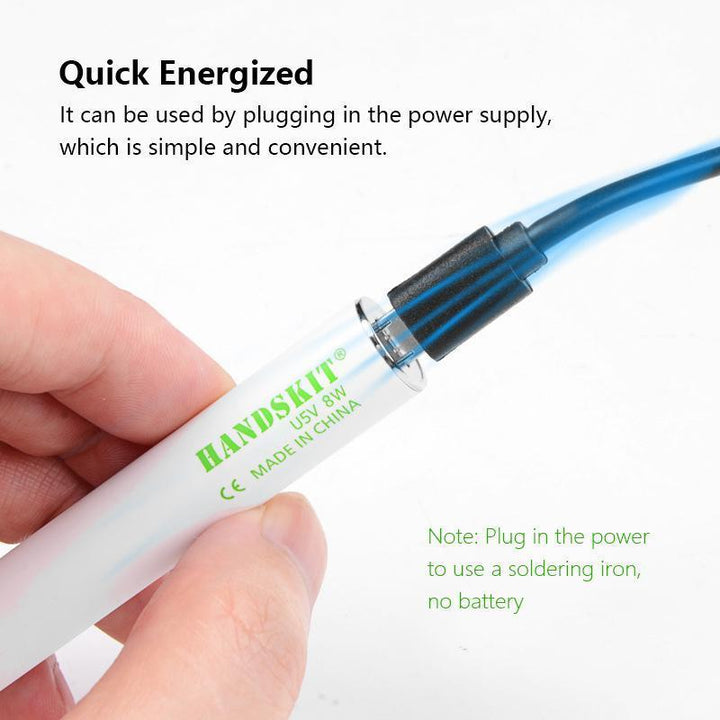 Compacte draagbare soldeerbout met USB-oplaadfunctie, lichte grip en variabele temperatuurinstellingen voor nauwkeurig solderen.