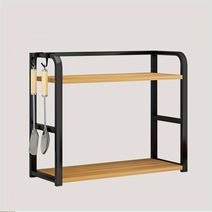 Compact, elegant roestvrijstalen keukenrek met open ontwerp, ideaal voor moderne keukens en efficiënte opberging.