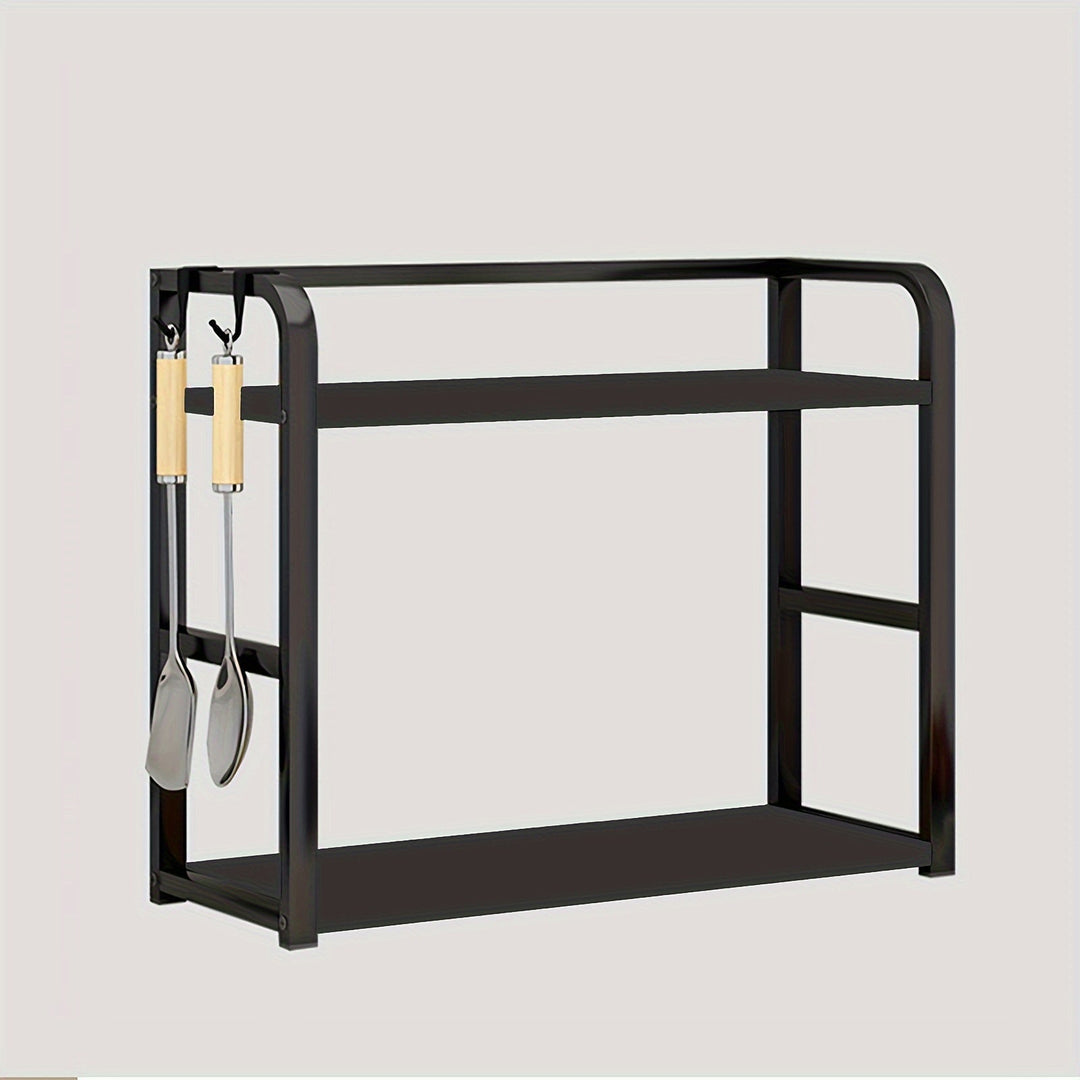 Compact, elegant roestvrijstalen keukenrek met open ontwerp, ideaal voor moderne keukens en efficiënte opberging.