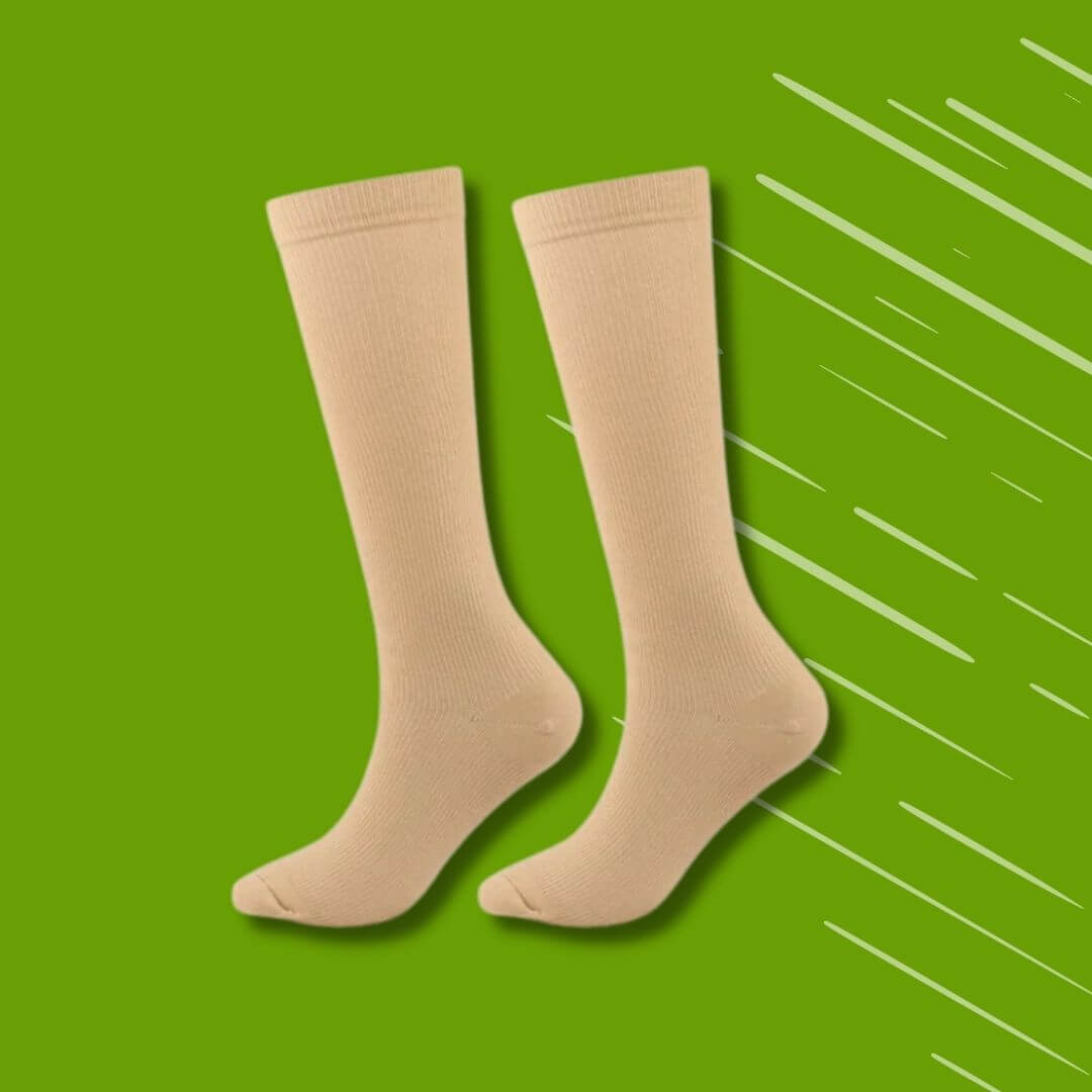 Dames compressiesokken in huidskleur, elastisch met gerichte compressie voor het verlichten van hiel- en voetpijn.