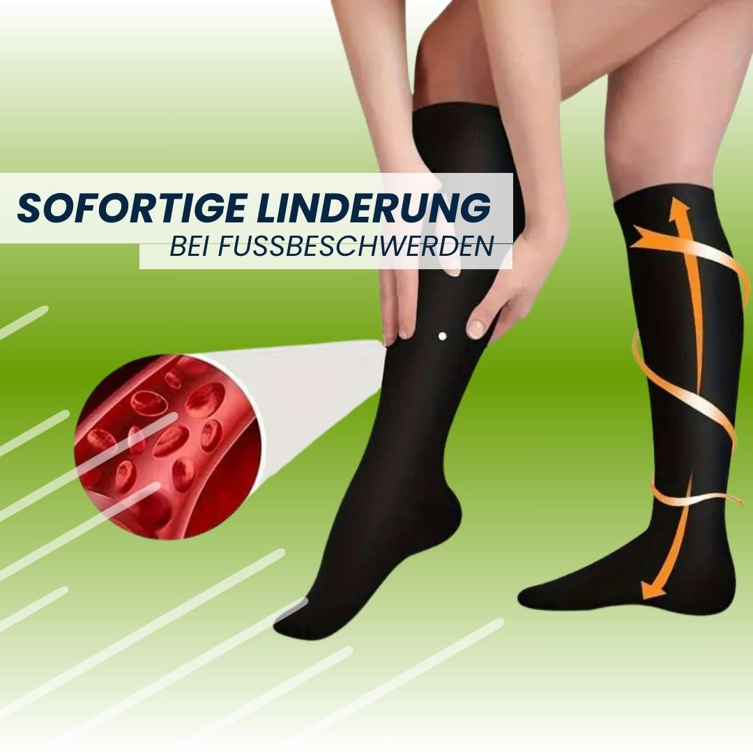 Dames compressiesokken in huidskleur, elastisch met gerichte compressie voor het verlichten van hiel- en voetpijn.
