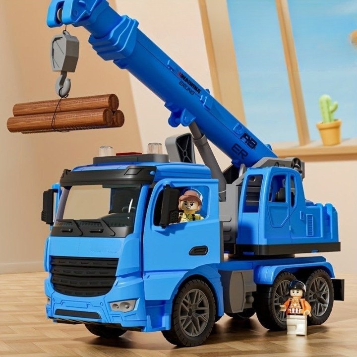 Kraanspeelgoed met realistische bouwlook, beweegbare arm, geel-blauw, licht- en geluidseffecten voor kinderen.