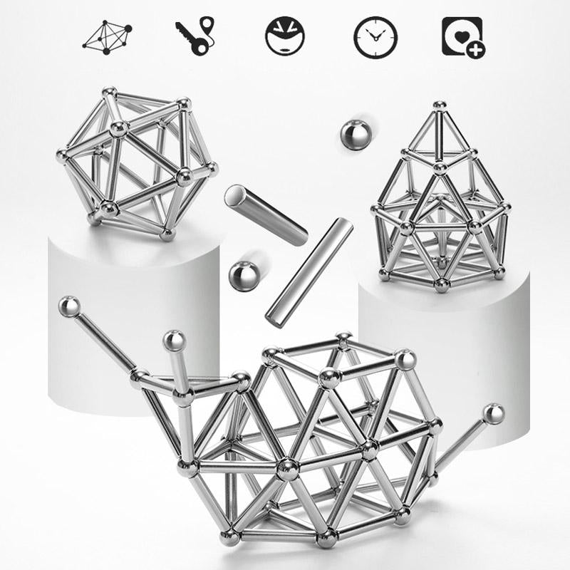 Creatieve set met magnetische ballen en zilveren staven, ideaal DIY speelgoed voor innovatieve bouwideeën.