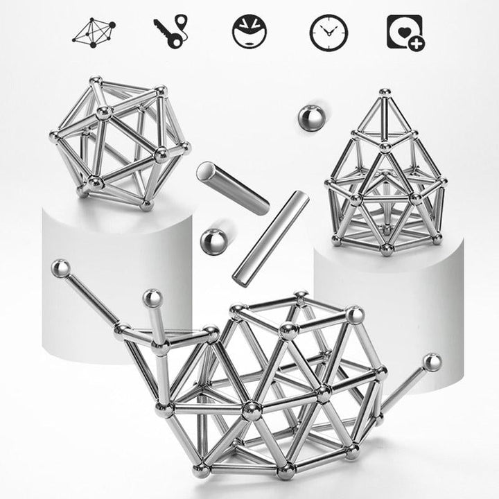 Creatieve set met magnetische ballen en zilveren staven, ideaal DIY speelgoed voor innovatieve bouwideeën.