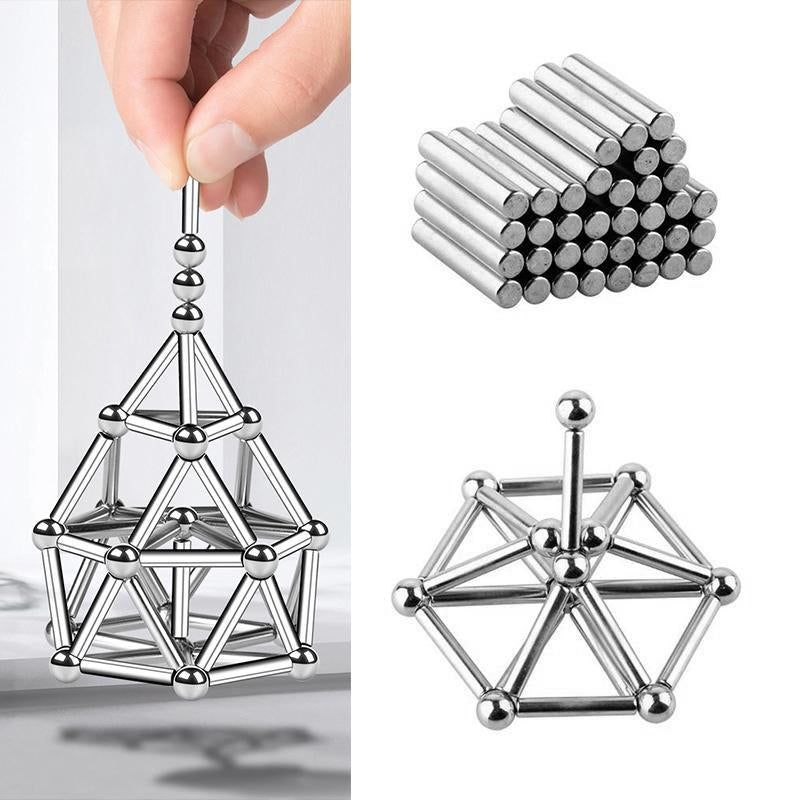 Creatieve set met magnetische ballen en zilveren staven, ideaal DIY speelgoed voor innovatieve bouwideeën.
