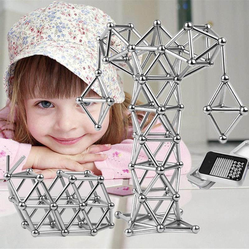 Creatieve set met magnetische ballen en zilveren staven, ideaal DIY speelgoed voor innovatieve bouwideeën.