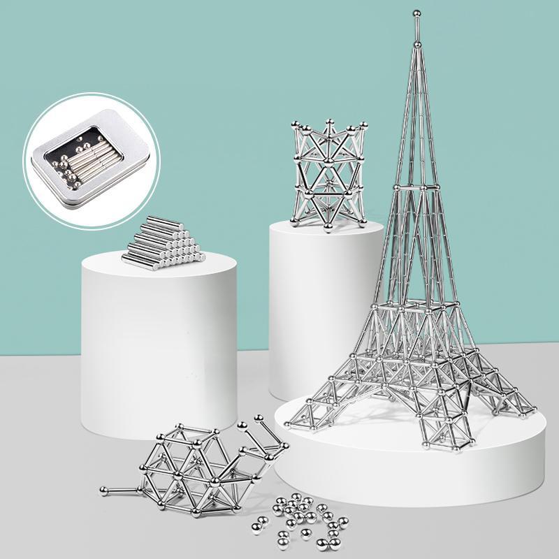 Creatieve set met magnetische ballen en zilveren staven, ideaal DIY speelgoed voor innovatieve bouwideeën.