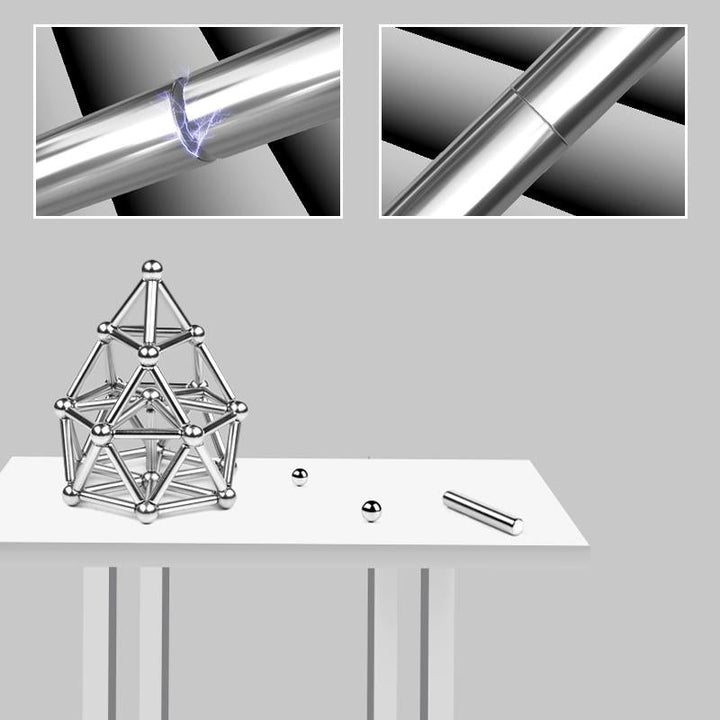 "Kreatives Set mit magnetischen Kugeln und silbernen Stäben, ideales DIY-Spielzeug für innovative Bauideen."