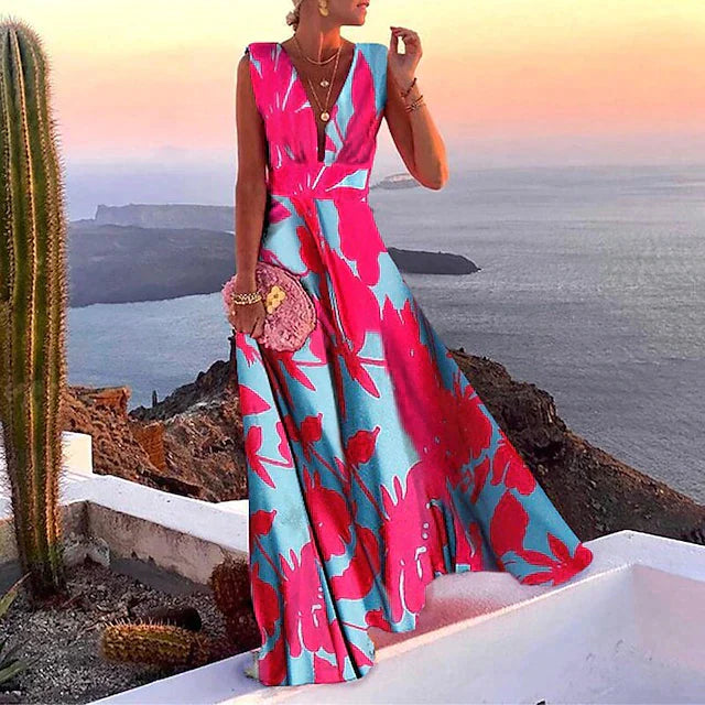 Dames Kristen maxi jurk, zwierig ontwerp, V-hals, mouwloos, tijdloze zomermode, elegant gezelschap.