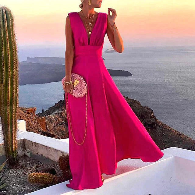 Dames Kristen maxi jurk, zwierig ontwerp, V-hals, mouwloos, tijdloze zomermode, elegant gezelschap.