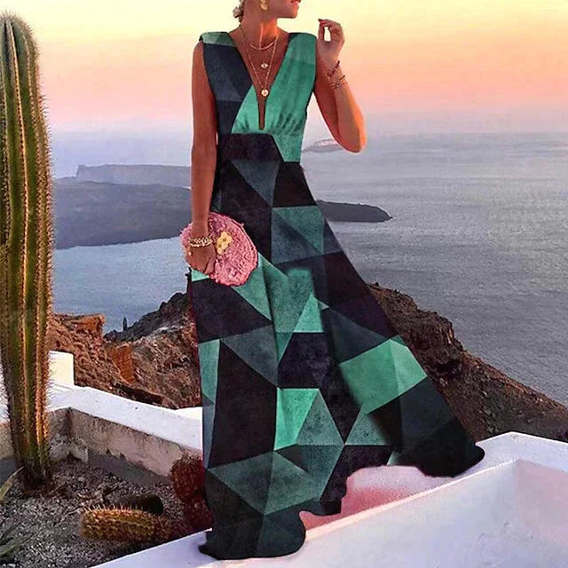 Dames Kristen maxi jurk, zwierig ontwerp, V-hals, mouwloos, tijdloze zomermode, elegant gezelschap.