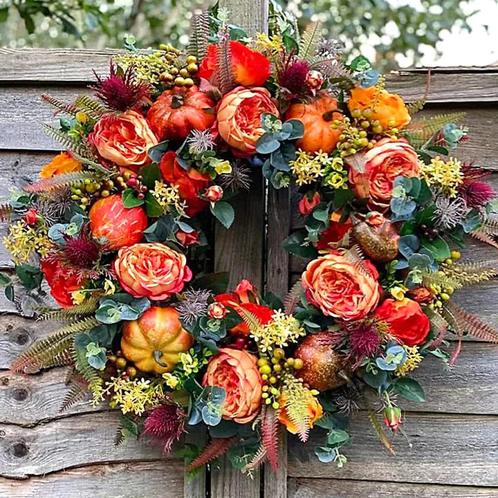 Kunst herfstkrans voor voordeur of muur, met warme welkomstdecoratie in herfstkleuren voor binnen en buiten.