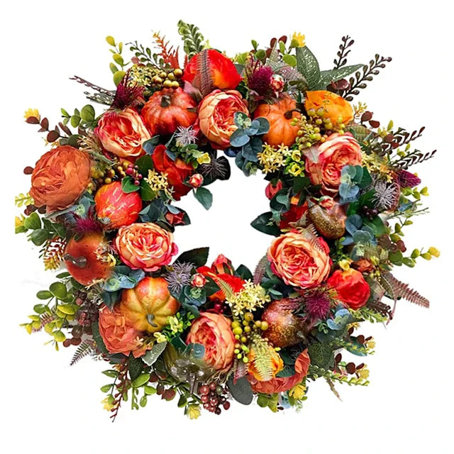 Elegante kunst herfstkrans hangend aan een houten deur, warme welkomstdecoratie die elke entree verrijkt.