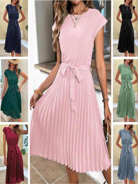 Elegant plissé minijurkje voor dames, met korte mouwen, in zachte kleuren en een flatterende pasvorm, perfect voor de zomer en verschillende gelegenheden.