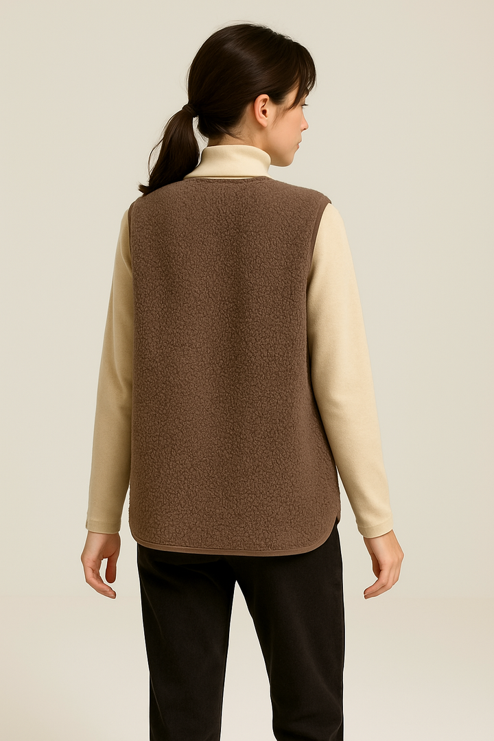 Knus dames pluche vest in beige voor stijlvolle herfst- en lentelooks, zacht materiaal, veelzijdig combineerbaar.