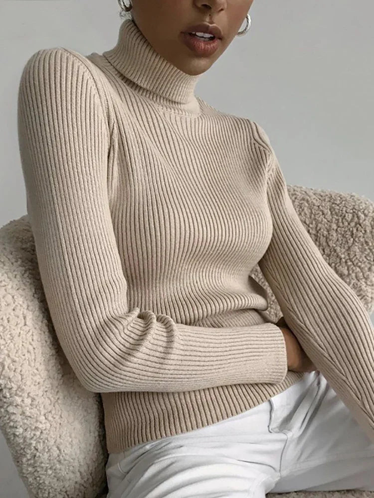 Knusse dames coltrui in beige, elegant, ideaal voor herfst/winter, veelzijdig te combineren voor koude dagen.