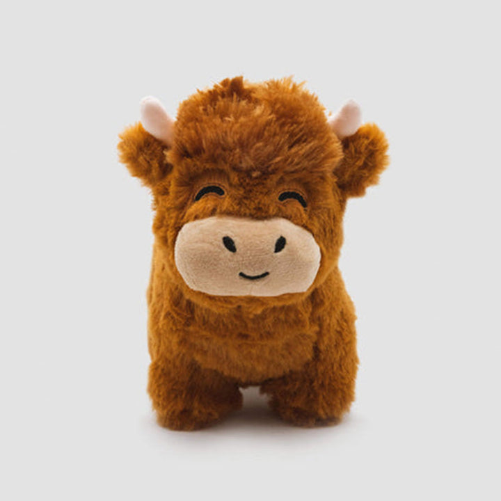 Knuffelig Hoogland koe pluche dier met realistische details voor decoratie en cadeau-ideeën, ideaal voor kinderkamers.