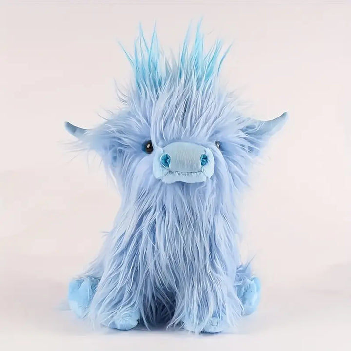 Moosie de knuffelkoe, bruin-wit, zacht pluche, geïnspireerd op Highland-runderen, ideaal voor alle leeftijden.