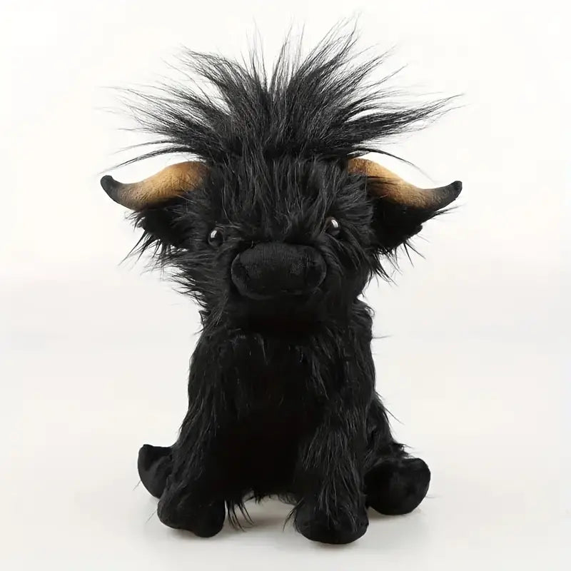 Moosie de knuffelkoe, bruin-wit, zacht pluche, geïnspireerd op Highland-runderen, ideaal voor alle leeftijden.
