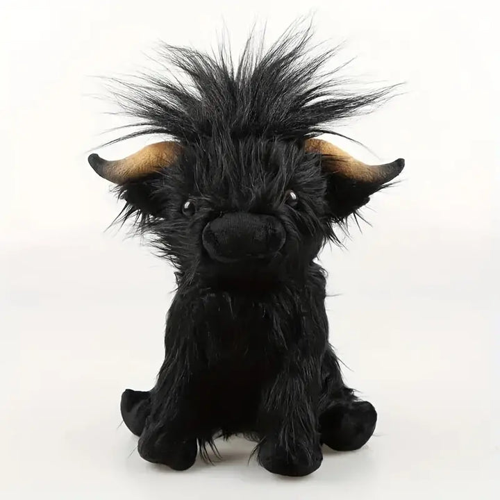 Moosie de knuffelkoe, bruin-wit, zacht pluche, geïnspireerd op Highland-runderen, ideaal voor alle leeftijden.