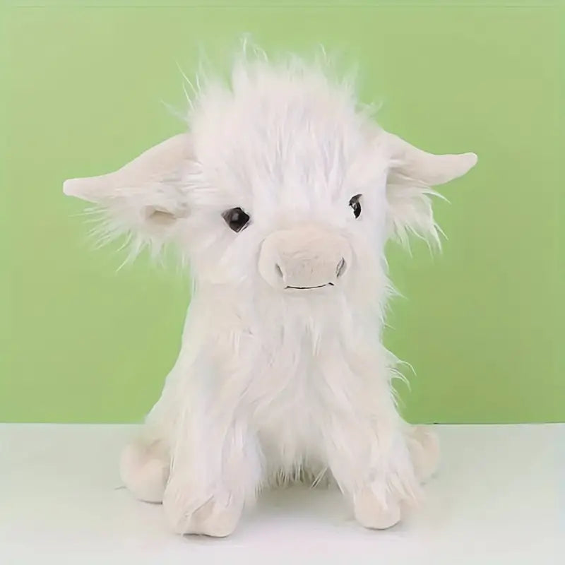Moosie de knuffelkoe, bruin-wit, zacht pluche, geïnspireerd op Highland-runderen, ideaal voor alle leeftijden.