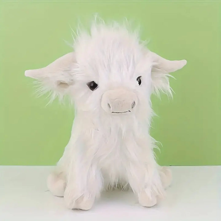 Moosie de knuffelkoe, bruin-wit, zacht pluche, geïnspireerd op Highland-runderen, ideaal voor alle leeftijden.