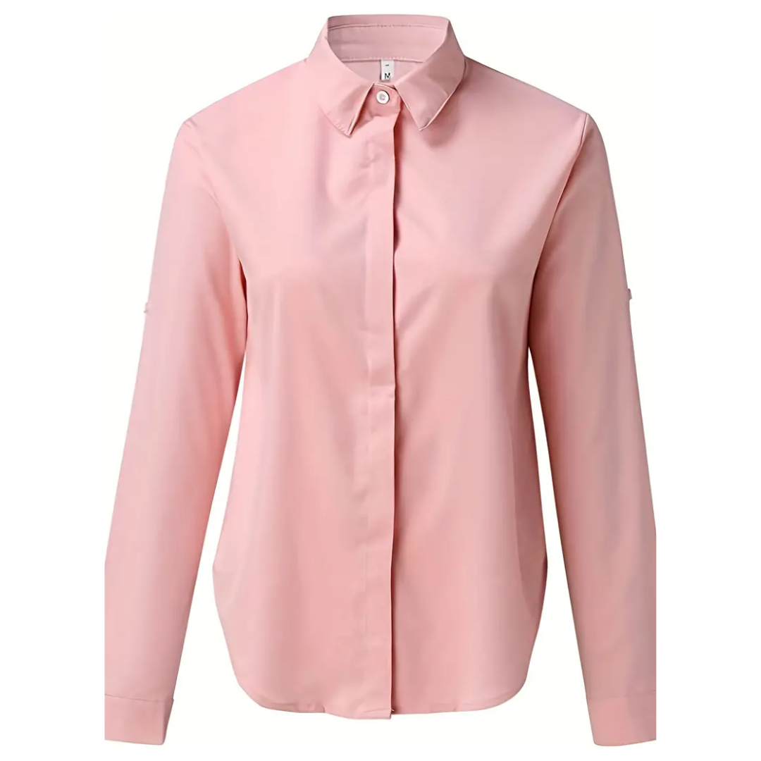 Langemouw damesblouse in beige, klassiek design met zachte stof, ideaal voor kantoor en speciale gelegenheden.