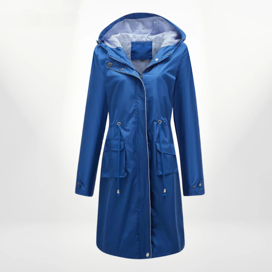 Comfortabele anorak damesjas met capuchon en trekkoord, een functionele lange jas voor buiten.