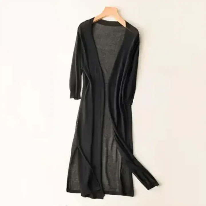 Lange dames cardigan, vloeiende snit, zacht materiaal, ideaal voor kantoor en vrije tijd, voorkant