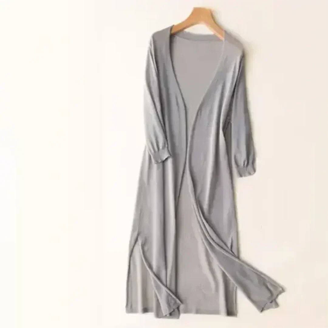 Lange dames cardigan, vloeiende snit, zacht materiaal, ideaal voor kantoor en vrije tijd, voorkant