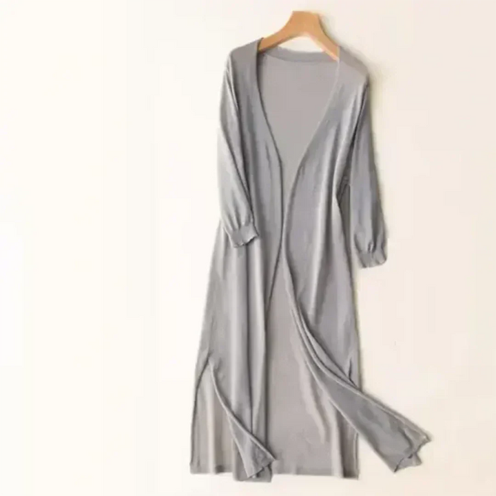 Lange dames cardigan, vloeiende snit, zacht materiaal, ideaal voor kantoor en vrije tijd, voorkant