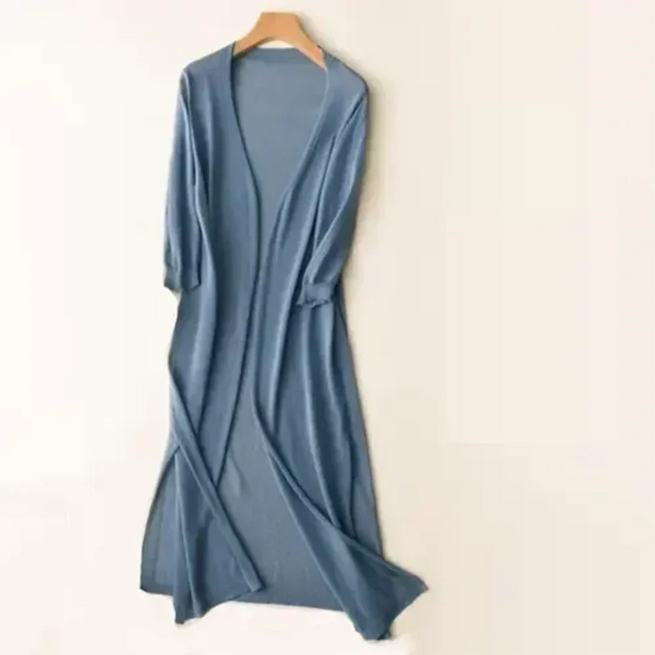 Lange dames cardigan, vloeiende snit, zacht materiaal, ideaal voor kantoor en vrije tijd, voorkant