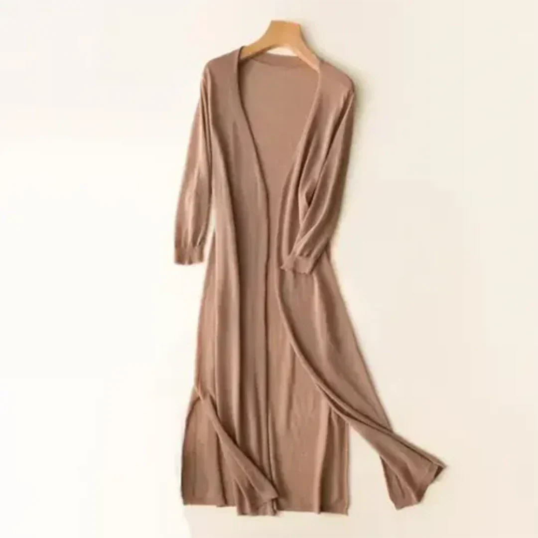 Lange dames cardigan, vloeiende snit, zacht materiaal, ideaal voor kantoor en vrije tijd, voorkant