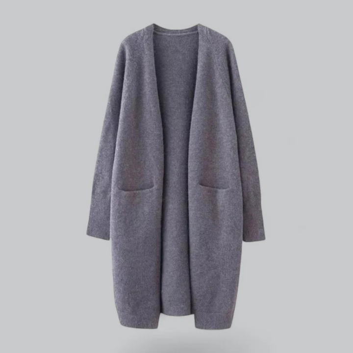 Lang damesvest met open voorkant, vloeiend design in donkergrijs, ideaal voor casual elegantie en veelzijdige outfits
